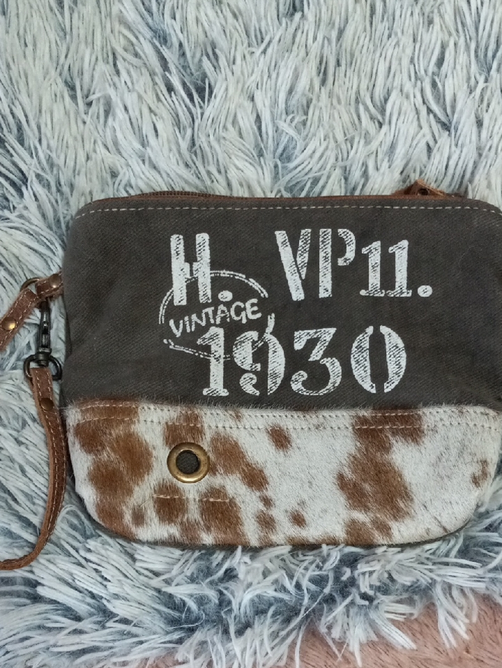 Myra Bag Beige Canvas Wristlet with Black Logo Tag